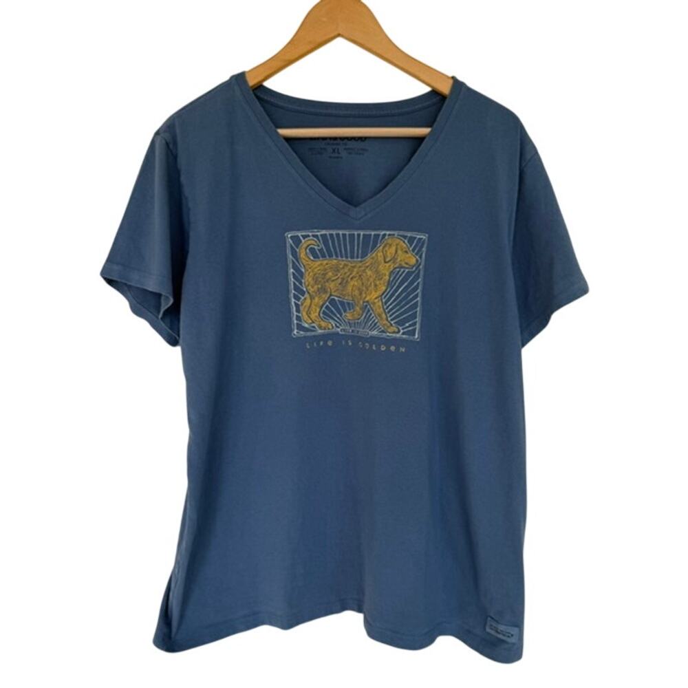 Life is Good Navy Blue Crusher Tee V-Neck Golden Retriever - XL